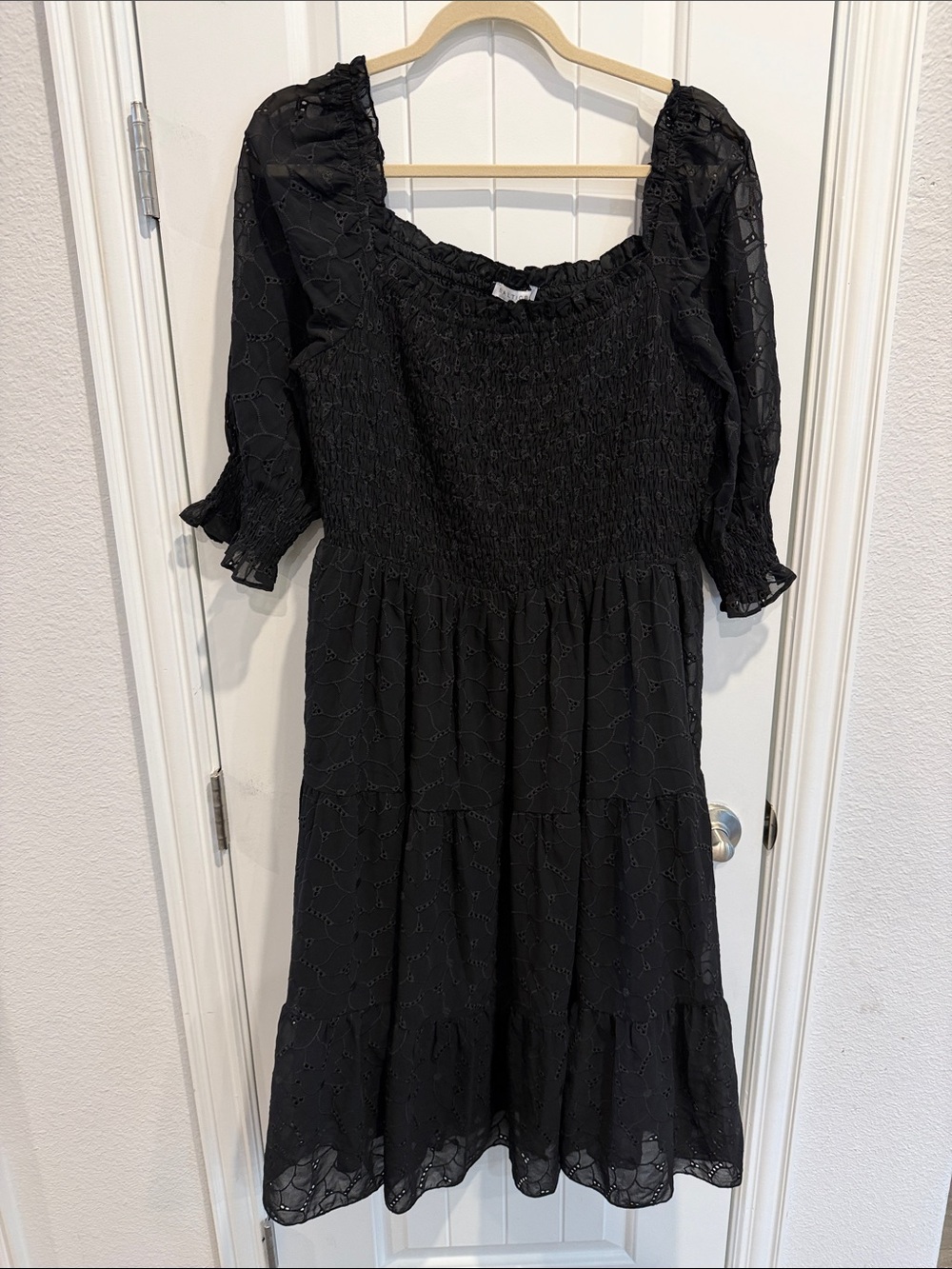 NWT Baltic Born Black Smocked Eyelet Square-Neck Midi Dress